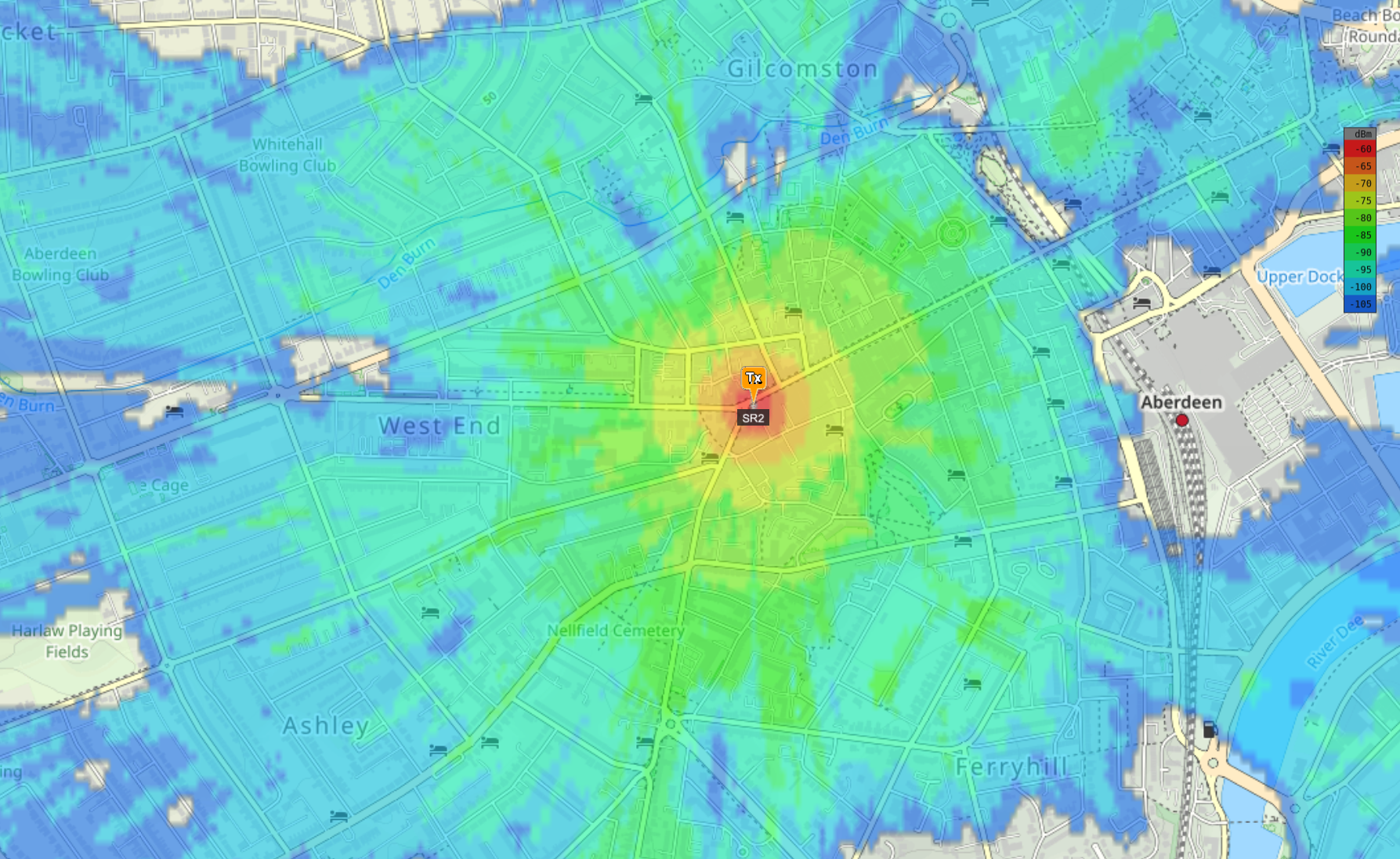 A coverage map showing that WiFi HaLow is not as affected by buildings as traditional 2.4 and 5GHz WiFi, with good coverage stretching approximately 400 meters in all directions from the access point site.